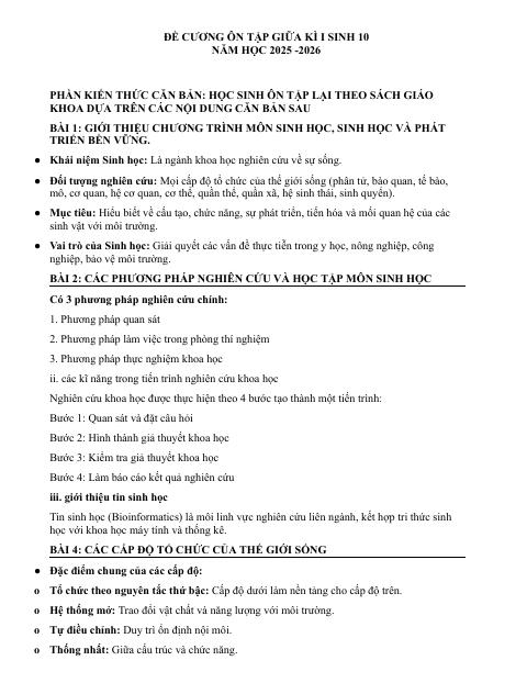 Đề cương ôn tập Giữa kì 1 Sinh học 10 năm 2025–2026 trường THPT Đức Trọng (Lâm Đồng)